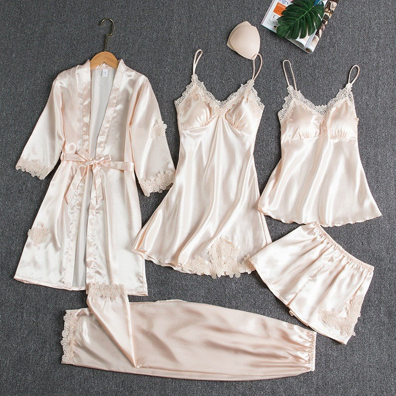 Set 5 pijamale din Satin Champagne Blossom