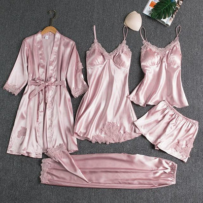 Set 5 pijamale din Satin Roz Blossom